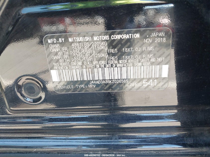 2019 Mitsubishi Outlander VIN JA4AD3A36KZ026565 IAAI salvage auction — RIGHT FRONT, Salvage (North Carolina), sold $1,200 on 2026-07-29 (photo 9)
