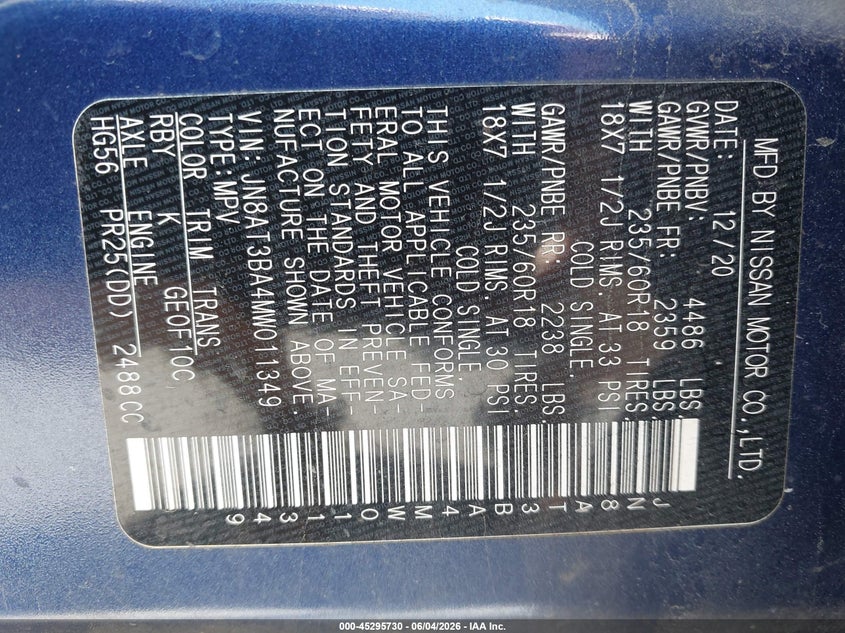 2021 Nissan Rogue VIN JN8AT3BA4MW011349 IAAI salvage auction — FRONT END, Salvage (North Carolina), sold $25 on 2026-07-30 (photo 9)