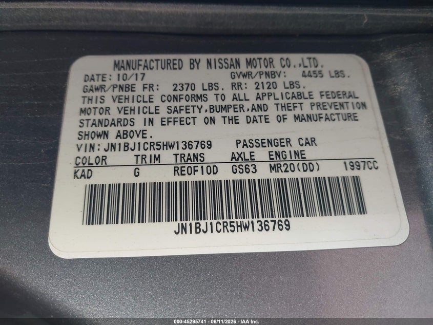 2017 Nissan Rogue VIN JN1BJ1CR5HW136769 IAAI salvage auction — NORMAL WEAR, Clear (Illinois), sold $850 on 2026-07-29 (photo 9)