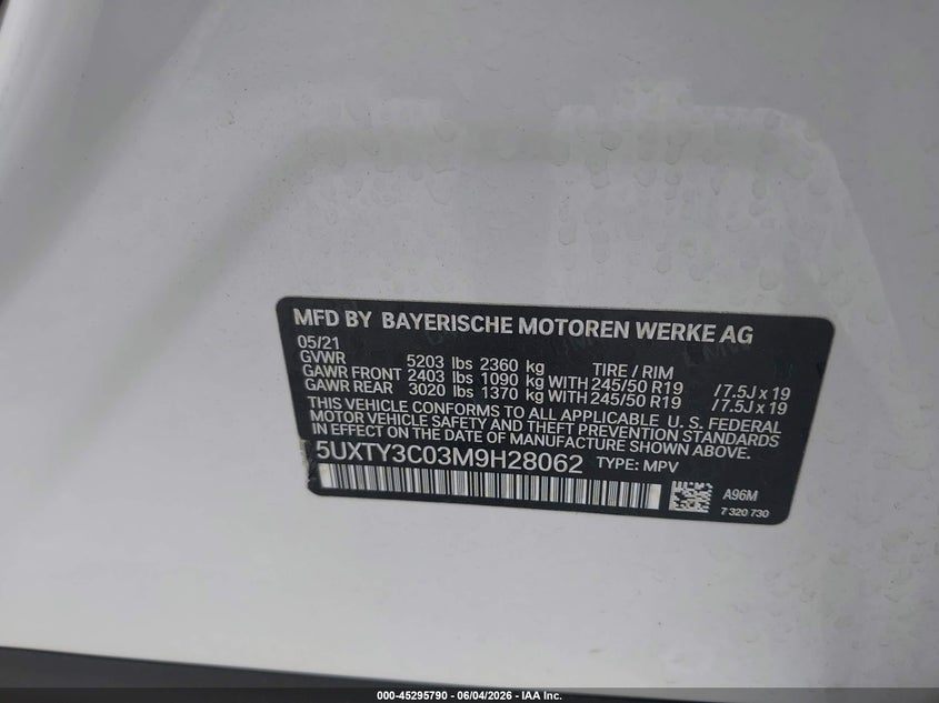 2021 BMW X3 VIN 5UXTY3C03M9H28062 IAAI salvage auction — FRONT END, Salvage Title, sold $8,550 on 2026-07-21 (photo 9)
