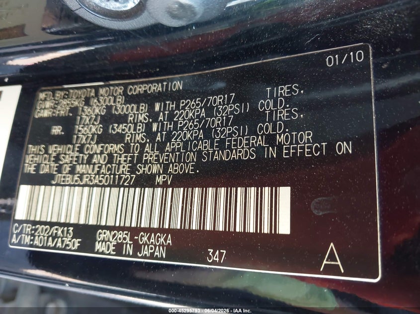 2010 Toyota 4runner VIN JTEBU5JR3A5011727 IAAI salvage auction — FRONT END, Salvage (Alabama), sold $7,300 on 2026-07-08 (photo 9)