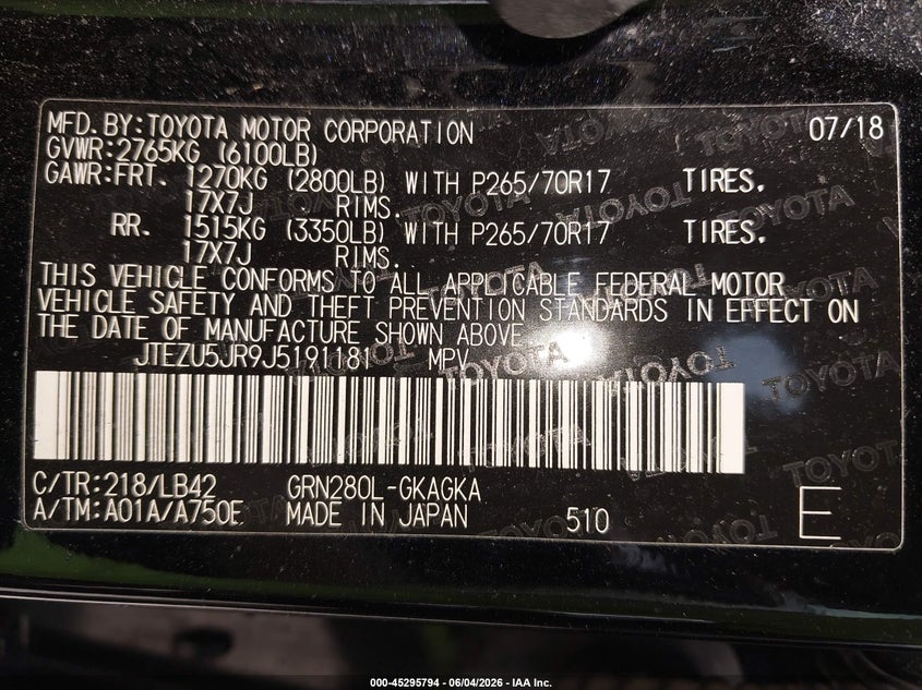 2018 Toyota 4runner VIN JTEZU5JR9J5191181 IAAI salvage auction — ROLLOVER, Salvage Title, sold $3,100 on 2026-08-02 (photo 9)