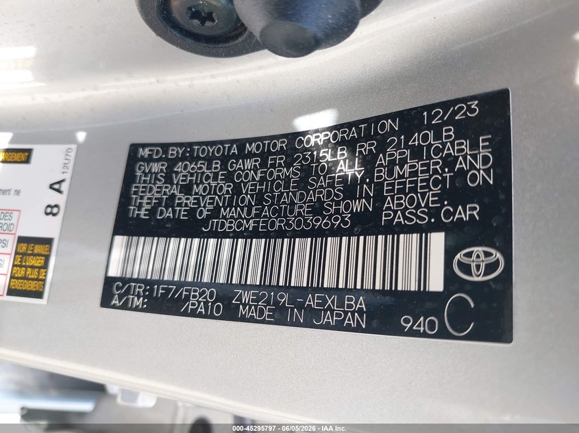 2024 Toyota Corolla VIN JTDBCMFE0R3039693 IAAI salvage auction — ROOF, Salvage Title, sold $6,900 on 2026-07-24 (photo 9)