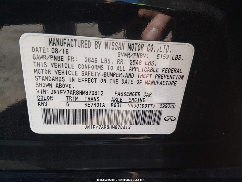 2017 Infiniti Q50 VIN JN1FV7AR8HM870412 IAAI salvage auction — NORMAL WEAR, Clear (Pennsylvania), sold $2,700 on 2026-07-09 (photo 9)
