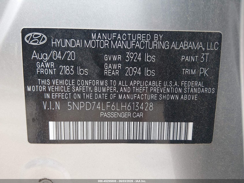 2020 Hyundai Elantra VIN 5NPD74LF6LH613428 IAAI salvage auction — HAIL, Sf97 (Oklahoma), sold $8,700 on 2026-08-03 (photo 9)