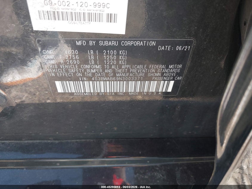2022 Subaru LEGACY VIN 4S3BWAB69N3003371 IAAI salvage auction — NORMAL WEAR, Sf97 (Indiana), sold $14,500 on 2026-07-20 (photo 9)