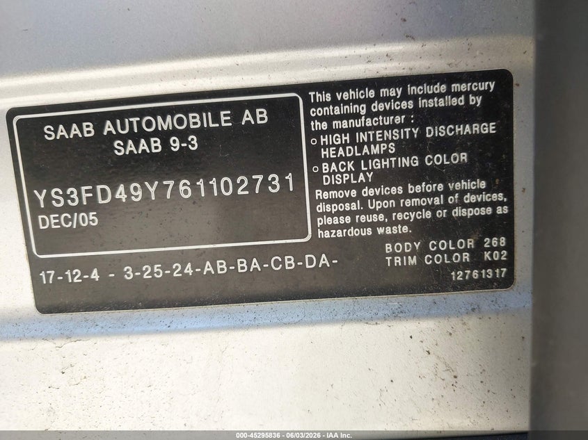 2006 Saab 9-3 VIN YS3FD49Y761102731 IAAI salvage auction — FRONT END, Salvage (Pennsylvania), sold $400 on 2026-07-17 (photo 9)