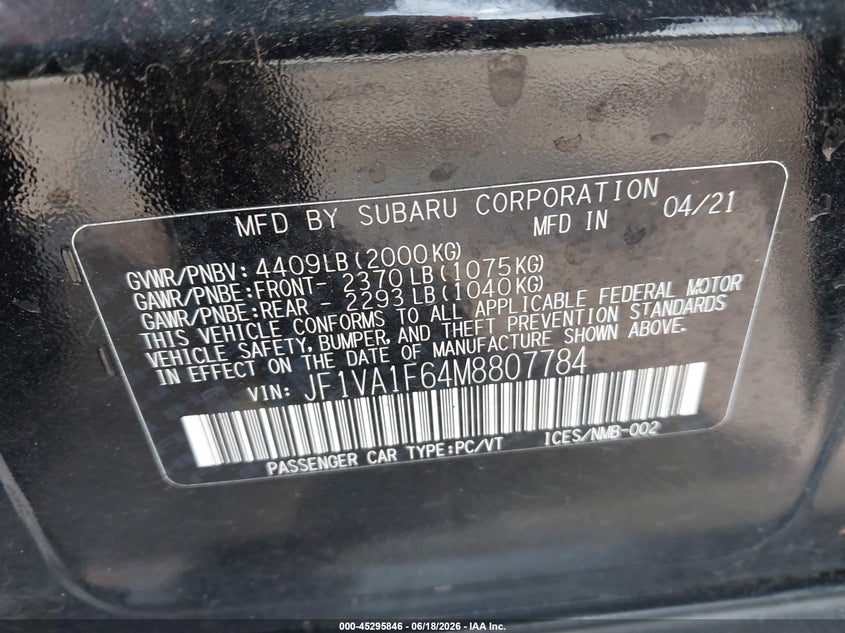 2021 Subaru Wrx VIN JF1VA1F64M8807784 IAAI salvage auction — SIDE, Salvage - 75% Or Less (Maryland), sold $3,050 on 2026-07-11 (photo 9)