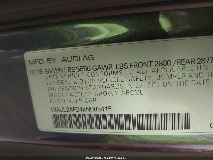 2019 Audi A6 VIN WAUL2AF24KN088415 IAAI salvage auction — FRONT END, Salvage Title, sold $7,650 on 2026-07-07 (photo 9)
