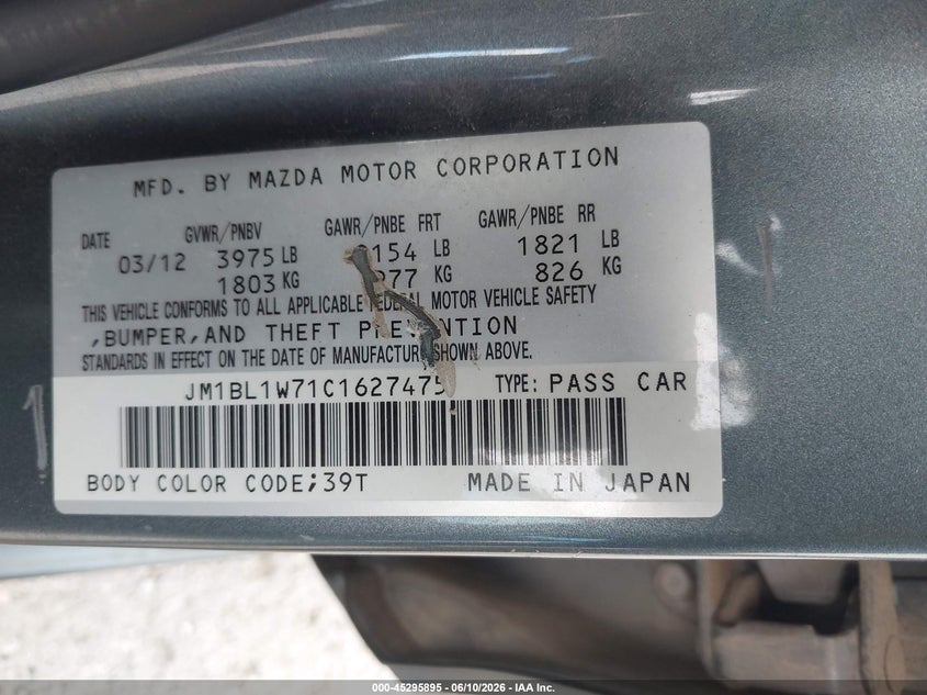 2012 Mazda 3 VIN JM1BL1W71C1627475 IAAI salvage auction — FRONT END, Original (Texas), sold $800 on 2026-07-28 (photo 9)
