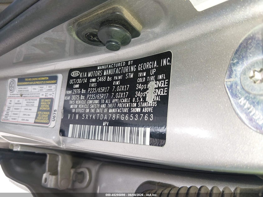 2015 Kia Sorento VIN 5XYKTDA78FG653763 IAAI salvage auction — NORMAL WEAR, Clear (Colorado), sold $775 on 2026-07-21 (photo 9)