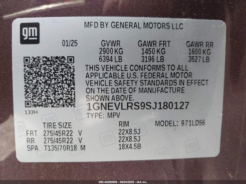 2025 Chevrolet Traverse VIN 1GNEVLRS9SJ180127 IAAI salvage auction — FRONT END, Salvage Title, sold $20,100 on 2026-07-28 (photo 9)