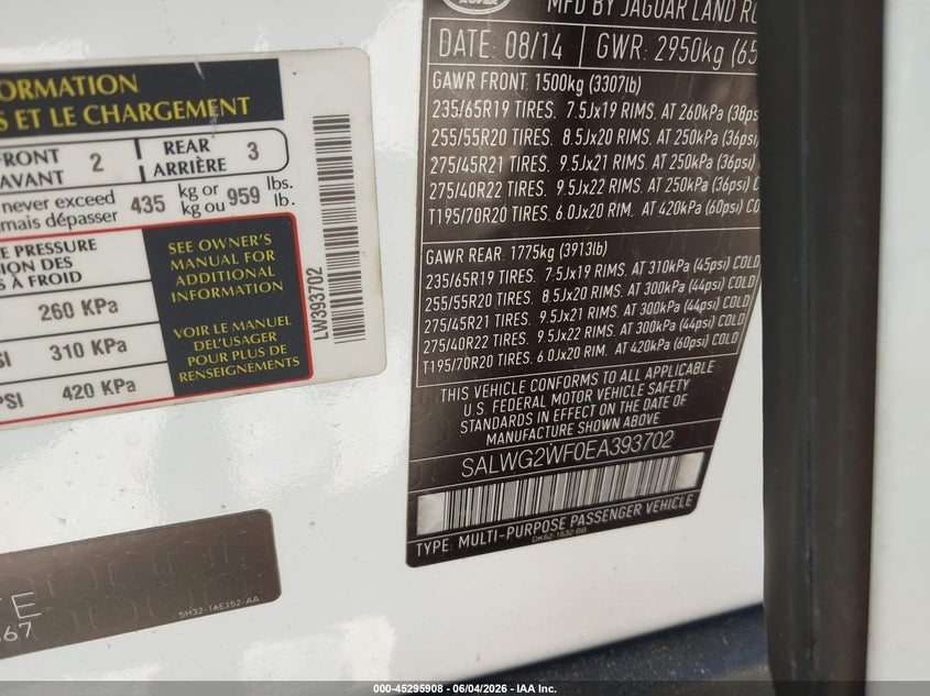 2014 Land rover Range rover sport VIN SALWG2WF0EA393702 IAAI salvage auction — REAR END, Salvage Title, sold $4,450 on 2026-07-28 (photo 9)