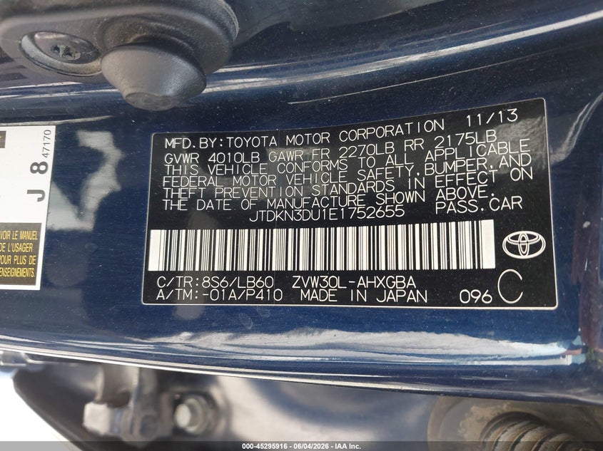 2014 Toyota Prius VIN JTDKN3DU1E1752655 IAAI salvage auction — LEFT FRONT, Salvage (Illinois), sold $1,175 on 2026-07-21 (photo 9)