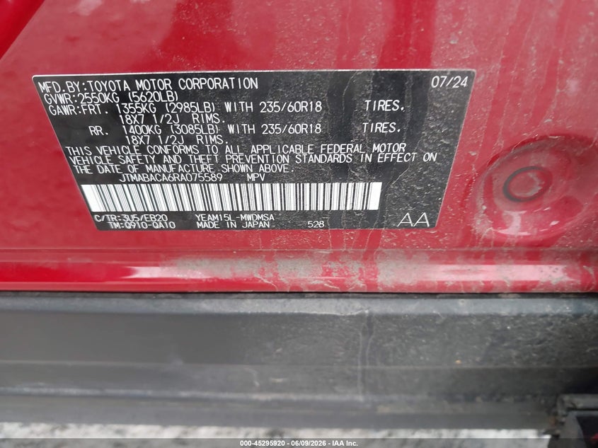 2024 Toyota Bz4x VIN JTMABACA6RA075589 IAAI salvage auction — FRONT END, Salvage Title, sold $8,400 on 2026-08-02 (photo 9)