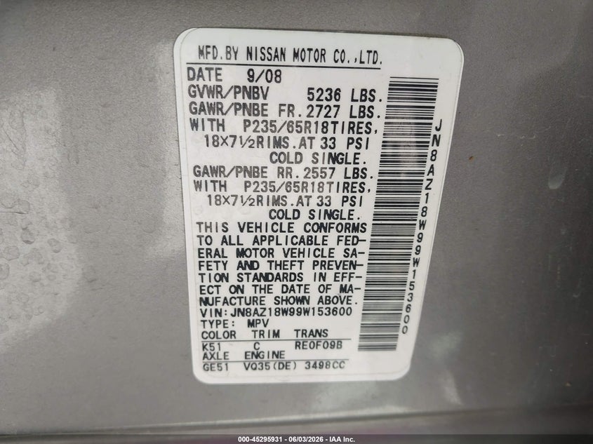 2009 Nissan Murano VIN JN8AZ18W99W153600 IAAI salvage auction — NORMAL WEAR, Clear (New York), sold $425 on 2026-07-14 (photo 9)