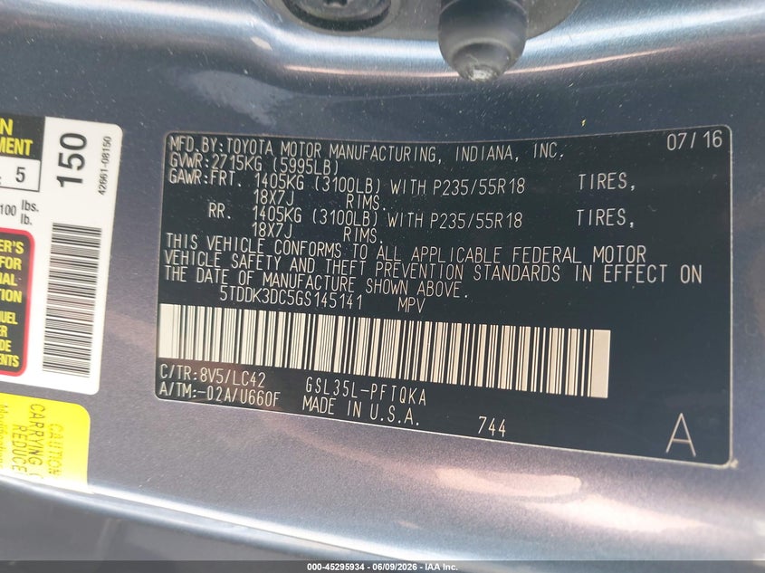 2016 Toyota Sienna VIN 5TDDK3DC5GS145141 IAAI salvage auction — REAR END, Salvage Title, sold $6,500 on 2026-07-09 (photo 9)