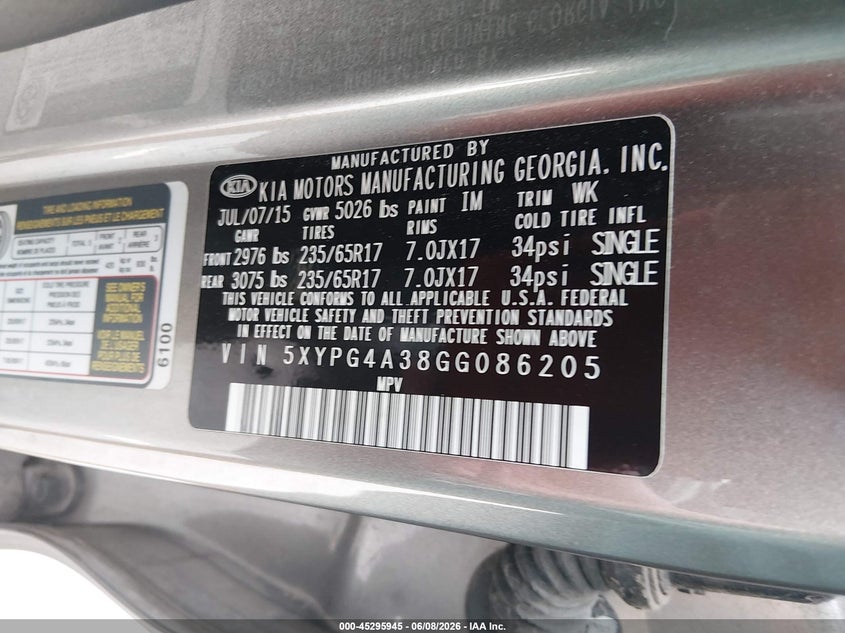 2016 Kia Sorento VIN 5XYPG4A38GG086205 IAAI salvage auction — STORM DAMAGE, Salvage Title, sold $1,350 on 2026-07-10 (photo 9)