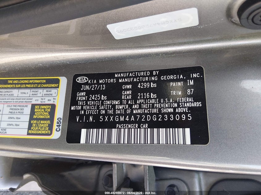 2013 Kia Optima VIN 5XXGM4A72DG233095 IAAI salvage auction — REAR END, Salvage - Greater Than 75% (Maryland), sold $600 on 2026-07-30 (photo 9)