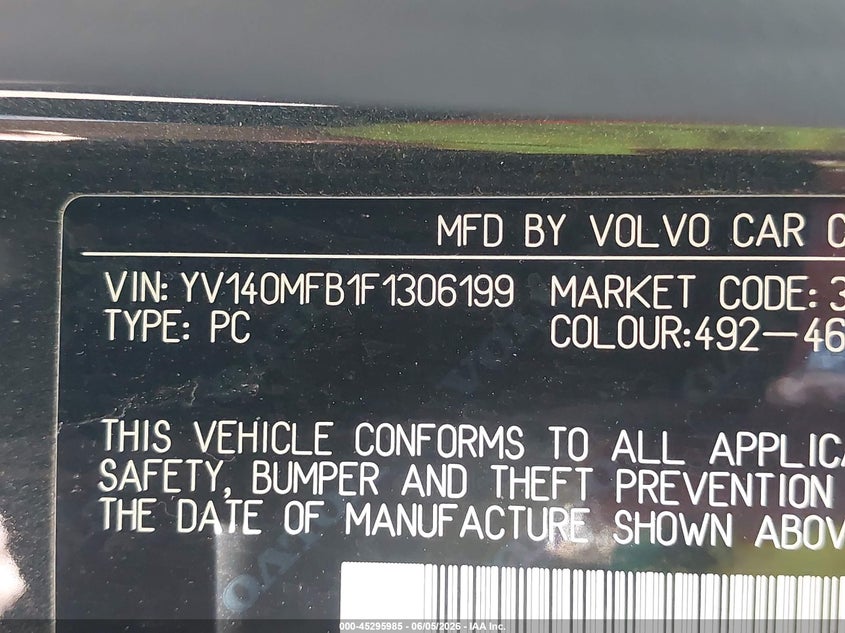 2015 Volvo S60 VIN YV140MFB1F1306199 IAAI salvage auction — FRONT END, Salvage Title, sold $375 on 2026-07-14 (photo 9)