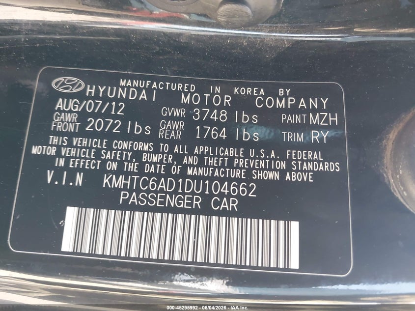 2013 Hyundai Veloster VIN KMHTC6AD1DU104662 IAAI salvage auction — NORMAL WEAR, Clear (Illinois), sold $650 on 2026-07-15 (photo 9)