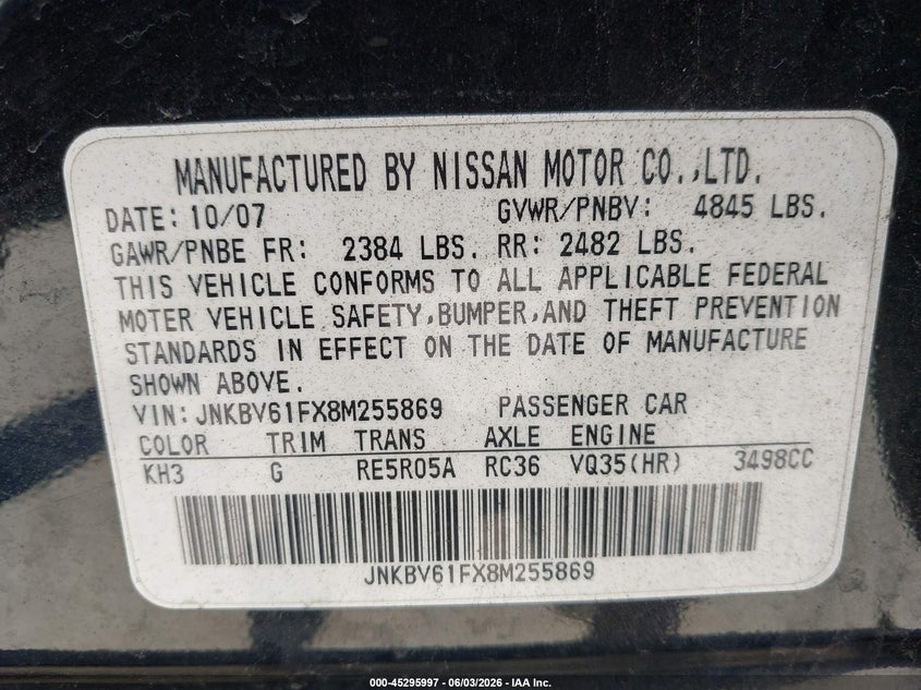 2008 Infiniti G35 VIN JNKBV61FX8M255869 IAAI salvage auction — NORMAL WEAR, Original (Maine), sold $550 on 2026-07-13 (photo 9)