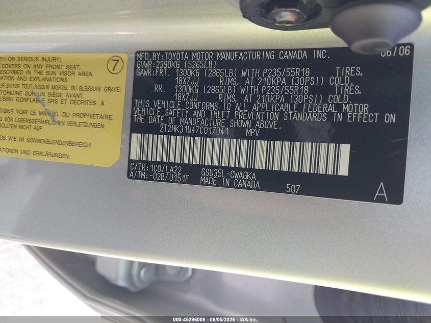 2007 Lexus Rx VIN 2T2HK31U47C017041 IAAI salvage auction — LEFT FRONT, Salvage (Texas), sold $1,150 on 2026-07-24 (photo 9)