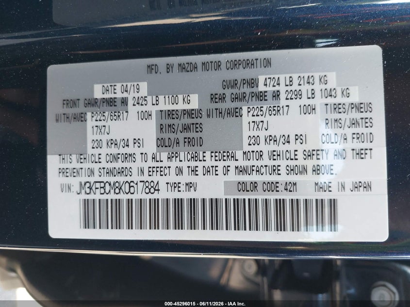 2019 Mazda Cx-5 VIN JM3KFBCM8K0617884 IAAI salvage auction — FRONT END, Mv-907A (New York), sold $3,550 on 2026-07-07 (photo 9)