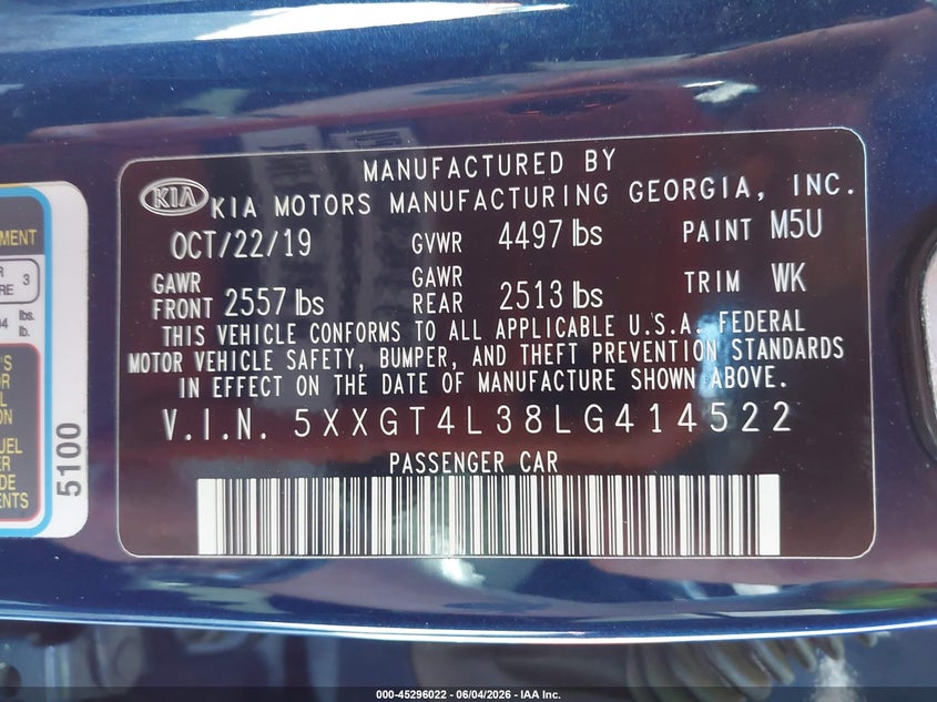 2020 Kia Optima VIN 5XXGT4L38LG414522 IAAI salvage auction — FRONT & REAR, Salvage Title, sold $725 on 2026-07-23 (photo 9)