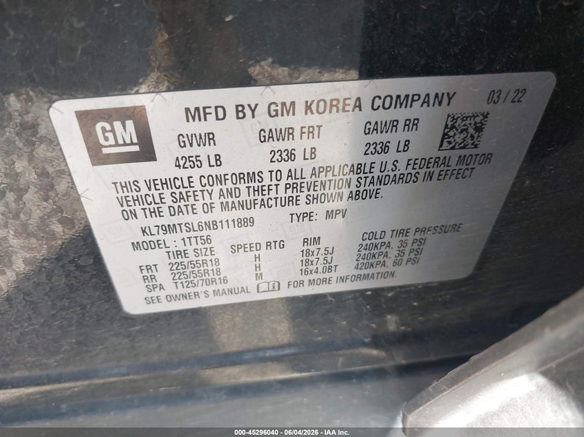 2022 Chevrolet Trailblazer VIN KL79MTSL6NB111889 IAAI salvage auction — REAR END, Salvage Title, sold $4,450 on 2026-07-29 (photo 9)