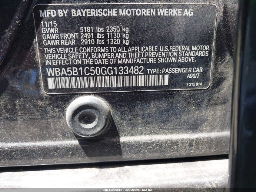 2016 BMW 5er VIN WBA5B1C50GG133482 IAAI salvage auction — HAIL, Salvage (North Carolina), sold $3,550 on 2026-07-09 (photo 9)