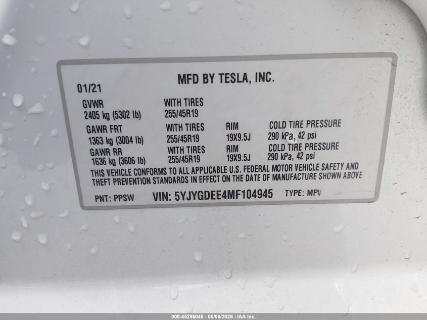 2021 Tesla Model y VIN 5YJYGDEE4MF104945 IAAI salvage auction — LEFT SIDE, Salvage Title, sold $10,300 on 2026-07-07 (photo 9)