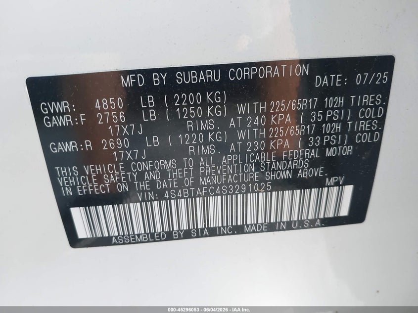 2025 Subaru Outback VIN 4S4BTAFC4S3291025 IAAI salvage auction — REAR END, Salvage Title, sold $9,300 on 2026-07-23 (photo 9)