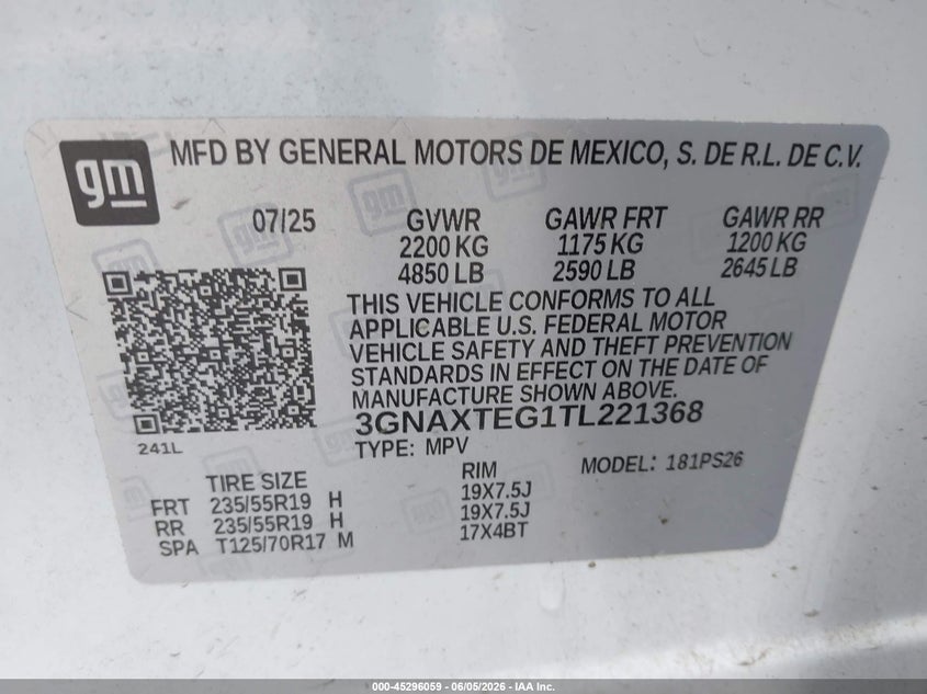 2026 Chevrolet Equinox VIN 3GNAXTEG1TL221368 IAAI salvage auction — FRONT END, Salvage Title, sold $10,100 on 2026-08-21 (photo 9)