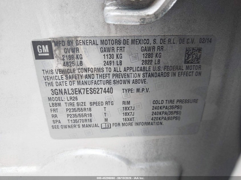 2014 Chevrolet Captiva sport VIN 3GNAL3EK7ES627440 IAAI salvage auction — NORMAL WEAR, Clear (North Carolina), sold $375 on 2026-07-08 (photo 9)