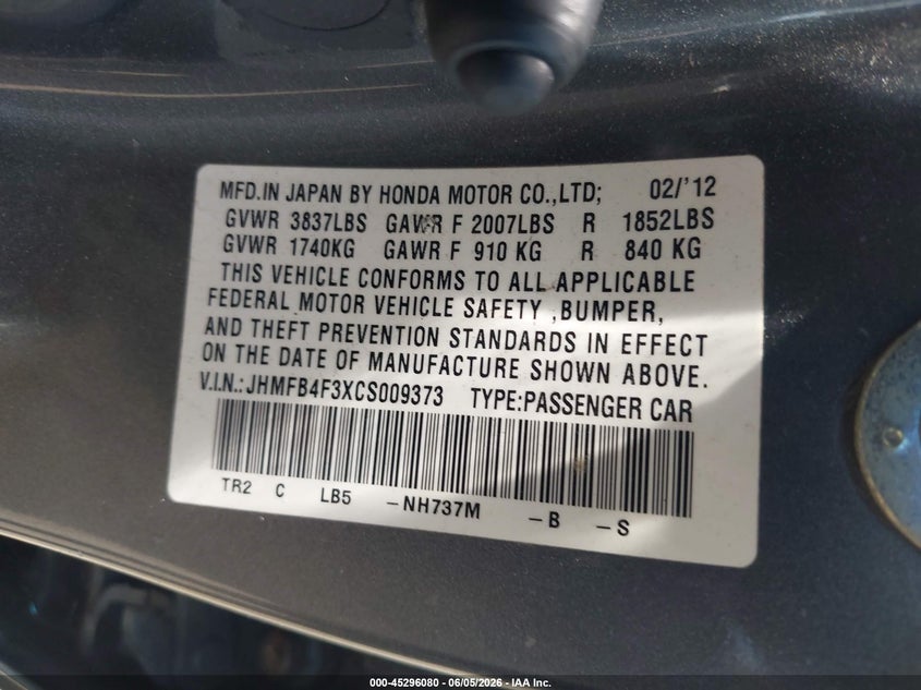 2012 Honda Civic hybrid VIN JHMFB4F3XCS009373 IAAI salvage auction — NORMAL WEAR, Clear (Pennsylvania), sold $600 on 2026-07-21 (photo 9)
