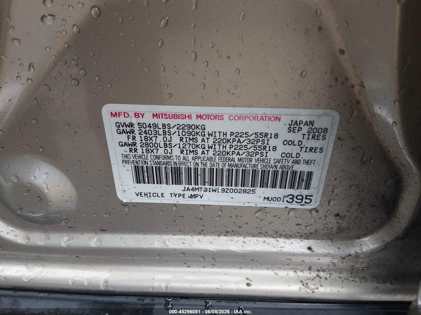 2009 Mitsubishi Outlander VIN JA4MT31W19Z002825 IAAI salvage auction — FRONT END, Clear (Indiana), sold $350 on 2026-07-22 (photo 9)