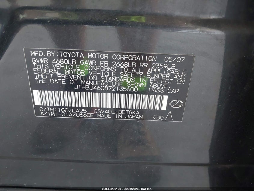 2007 Lexus ES VIN JTHBJ46G872135600 IAAI salvage auction — NORMAL WEAR, Clear (Florida), sold $350 on 2026-07-15 (photo 9)