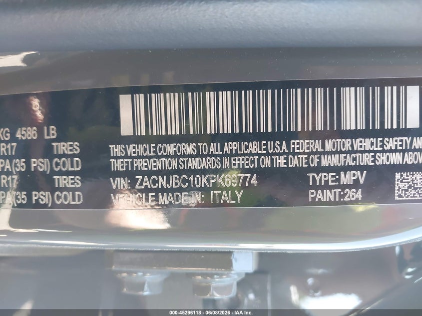 2019 Jeep Renegade VIN ZACNJBC10KPK69774 IAAI salvage auction — RIGHT FRONT, Salvage Title, sold $2,850 on 2026-08-11 (photo 9)
