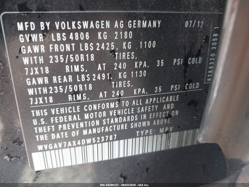 2013 Volkswagen Tiguan VIN WVGAV7AX4DW523787 IAAI salvage auction — NORMAL WEAR, Repossession Paperwork (Georgia), sold $975 on 2026-07-06 (photo 9)