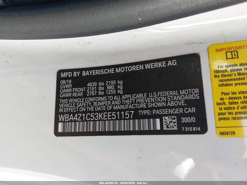 2019 BMW 4er VIN WBA4Z1C53KEE51157 IAAI salvage auction — REAR END, Clear (Georgia), sold $4,600 on 2026-10-02 (photo 9)