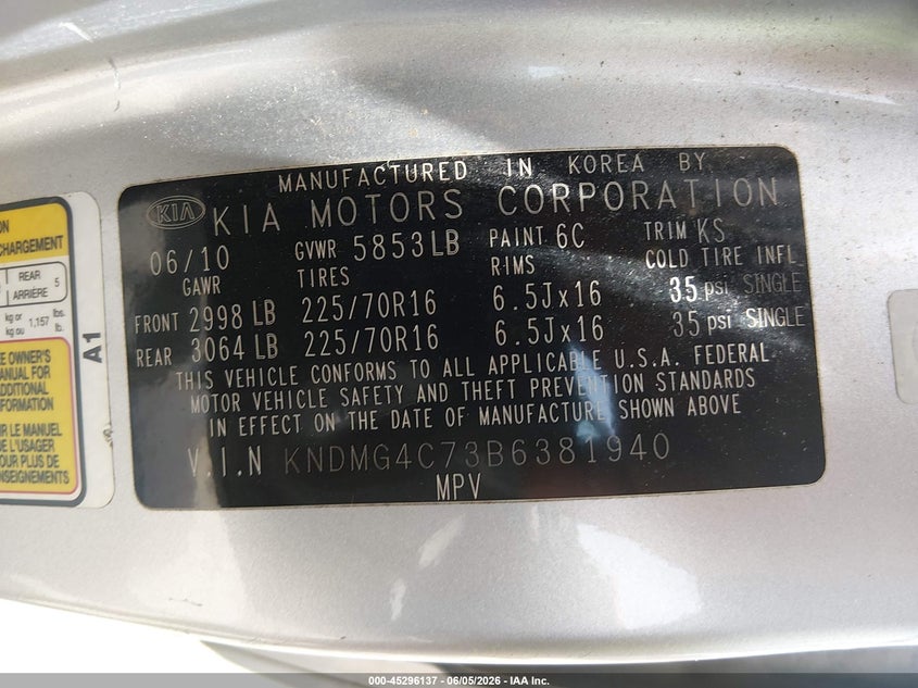 2011 Kia SEDONA VIN KNDMG4C73B6381940 IAAI salvage auction — REAR END, Salvage - Greater Than 75% (Maryland), sold $525 on 2026-08-01 (photo 9)