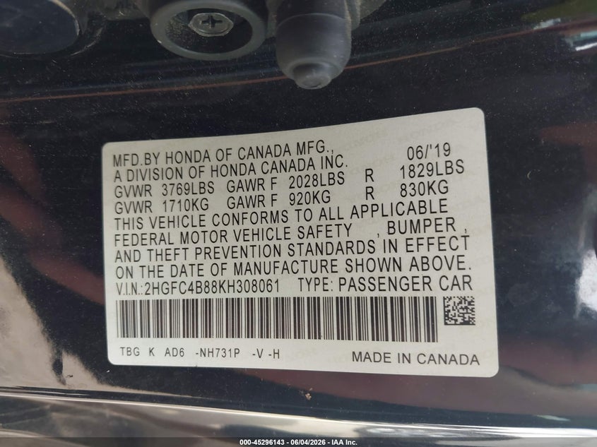 2019 Honda Civic VIN 2HGFC4B88KH308061 IAAI salvage auction — FRONT & REAR, Salvage Title, sold $1,000 on 2026-08-24 (photo 9)