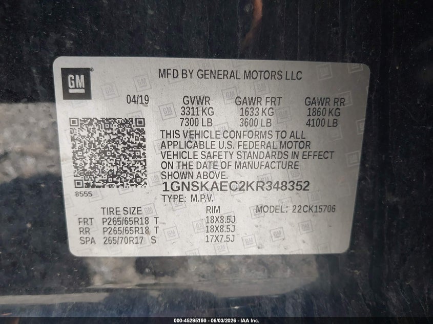 2019 Chevrolet Tahoe VIN 1GNSKAEC2KR348352 IAAI salvage auction — NORMAL WEAR, Sf97 (Washington), sold $25 on 2026-07-21 (photo 9)