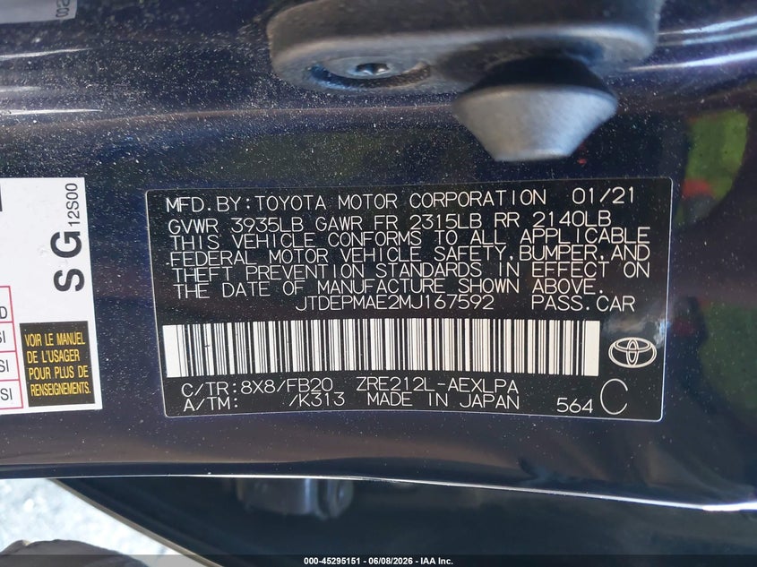 2021 Toyota Corolla VIN JTDEPMAE2MJ167592 IAAI salvage auction — FRONT END, Salvage (Massachusetts), sold $1,250 on 2026-07-28 (photo 9)