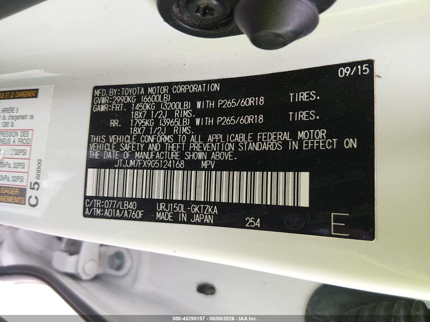 2016 Lexus Gx VIN JTJJM7FX9G5124168 IAAI salvage auction — FRONT END, Salvage (Georgia), sold $11,900 on 2026-07-24 (photo 9)