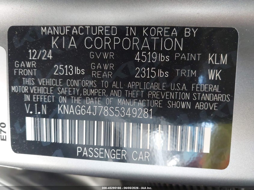 2025 Kia K5 VIN KNAG64J78S5349281 IAAI salvage auction — REAR END, Salvage Title, sold $8,775 on 2026-07-14 (photo 9)