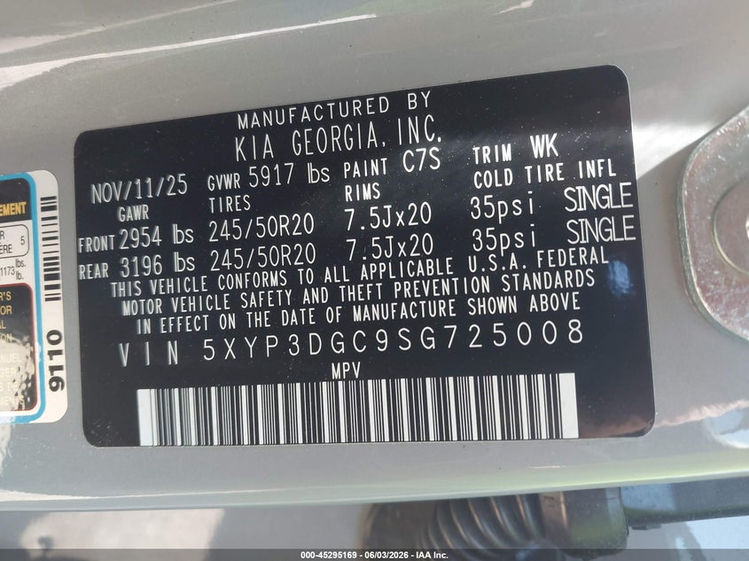 2025 Kia Telluride VIN 5XYP3DGC9SG725008 IAAI salvage auction — FRONT & REAR, Salvage Title, sold $15,300 on 2026-07-24 (photo 9)