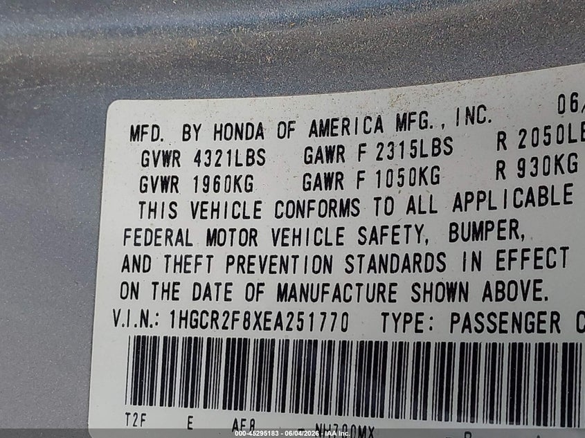 2014 Honda Accord VIN 1HGCR2F8XEA251770 IAAI salvage auction — REAR END, Original (Texas), sold $2,500 on 2026-07-09 (photo 9)