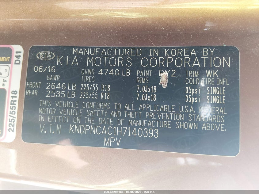 2017 Kia Sportage VIN KNDPNCAC1H7140393 IAAI salvage auction — ENGINE DAMAGE, Salvage Title, sold $2,400 on 2026-07-28 (photo 9)